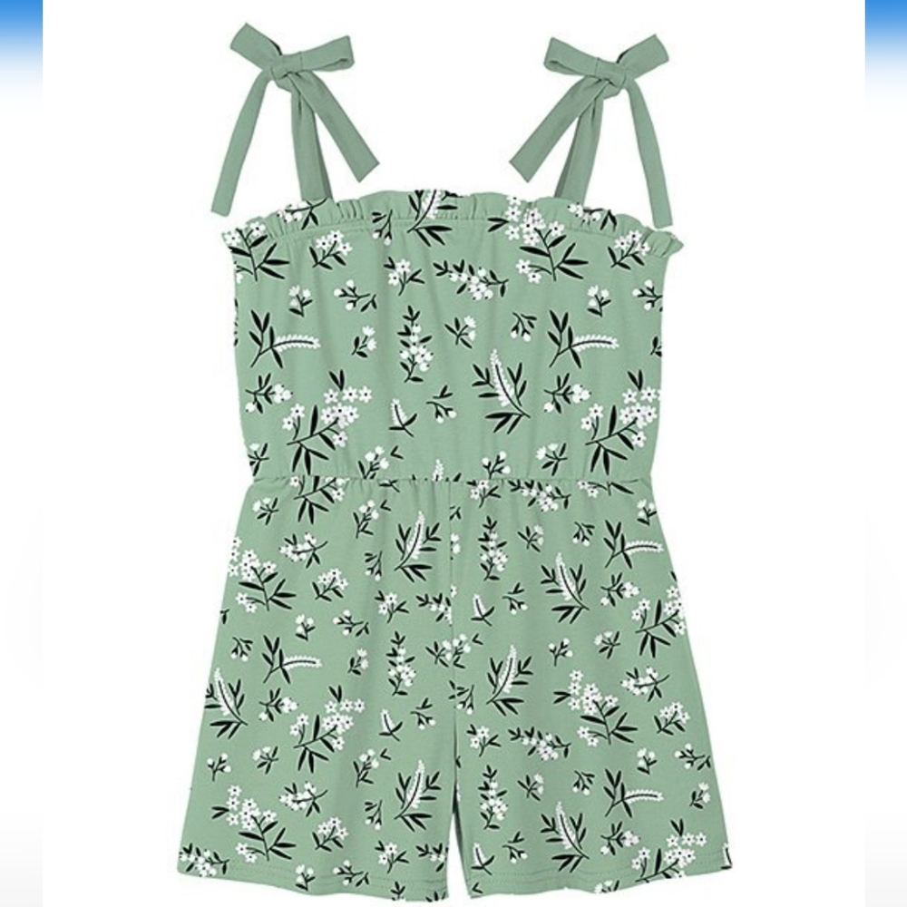 Trend Blossoms Girl's Floral Ruffle Bow-Strap Romper Green Size 14 NIP